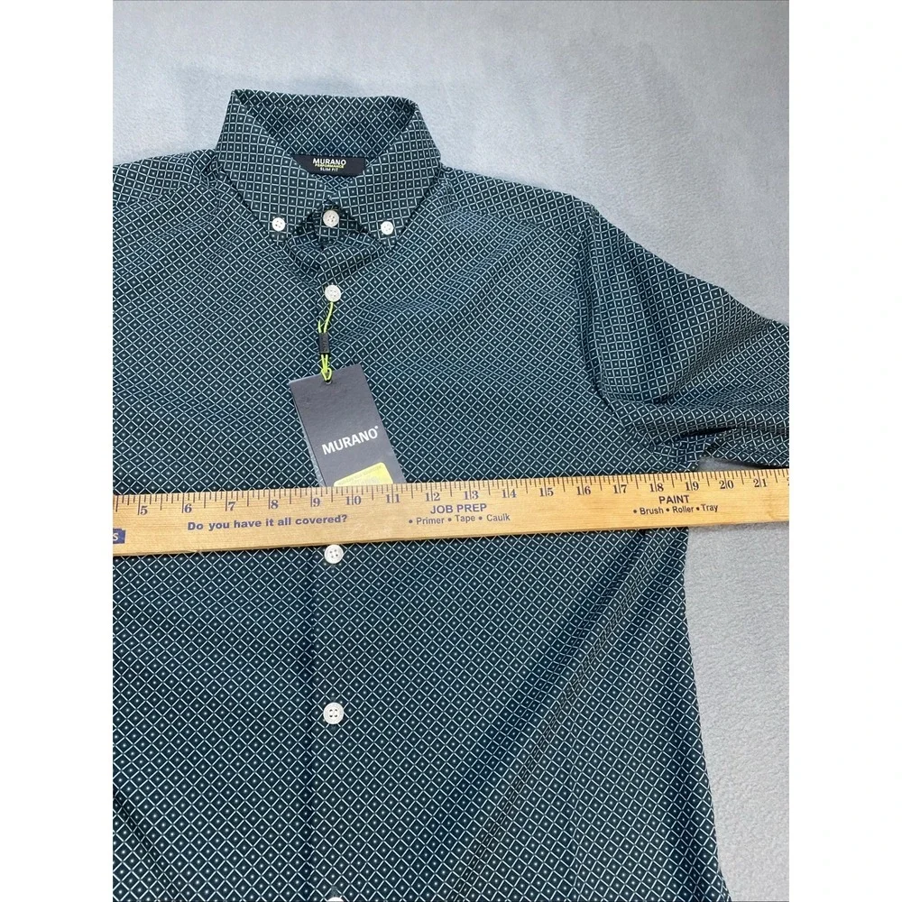 Murano Mens Small Performance Button Down Slim Fit Green Geometric Pattern NWT